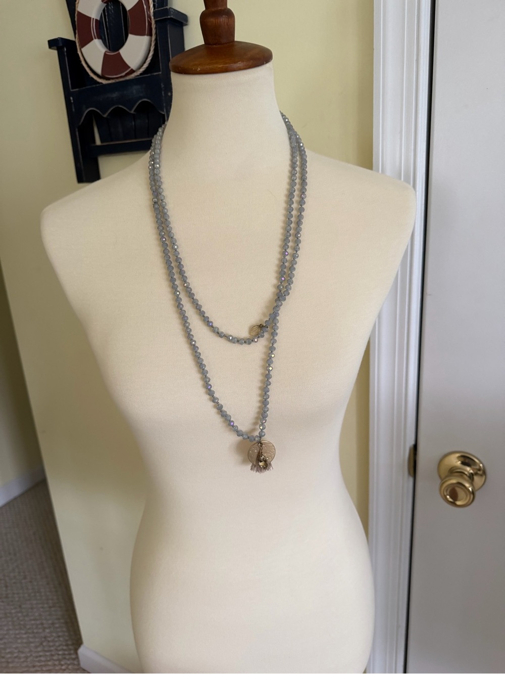 Gray/green Beaded Layered Necklace with Pendant - Women Jewelry